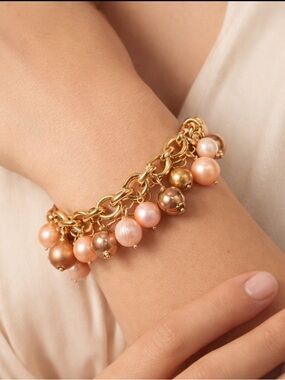 Honora Bronze Italy Pink Cultured Pearl Charm Bracelet 7.25”